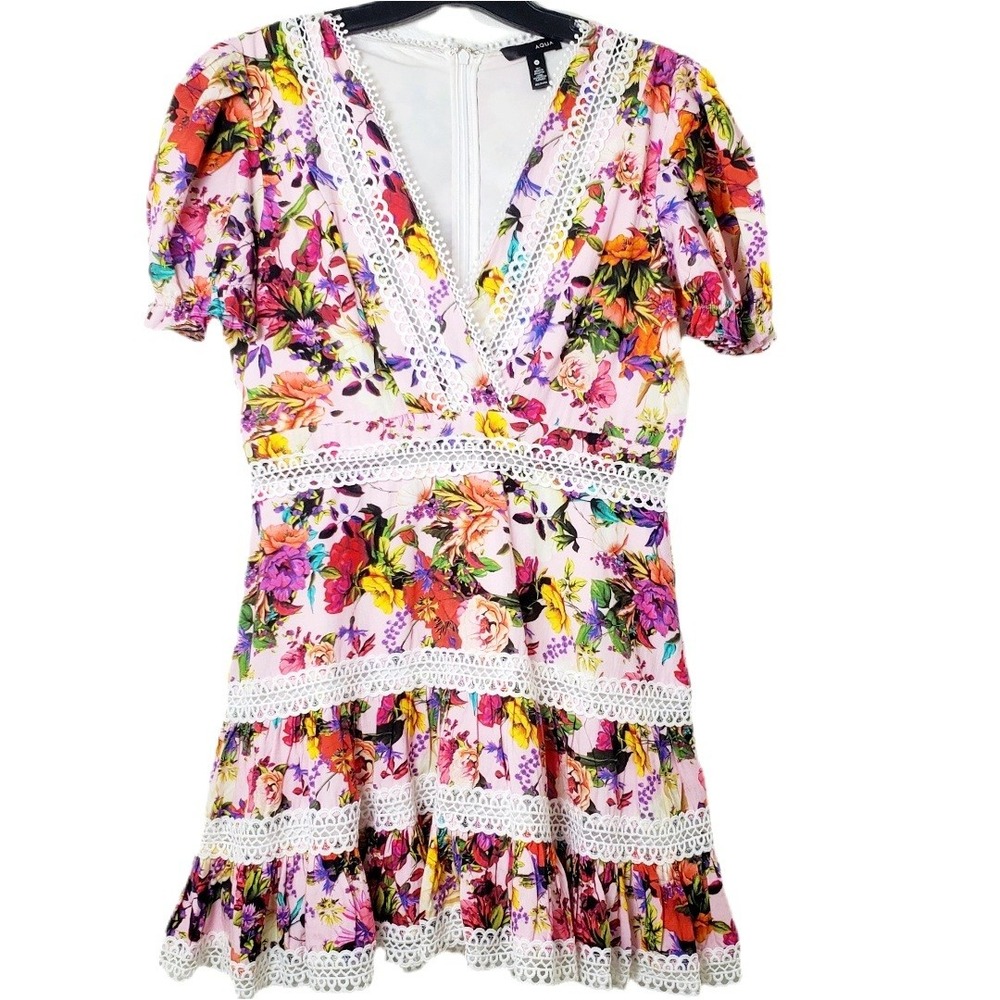 Aqua x Mary Katrantzou Pink Floral Lace Trim Mini Dress Women's Size Medium - Picture 4 of 16